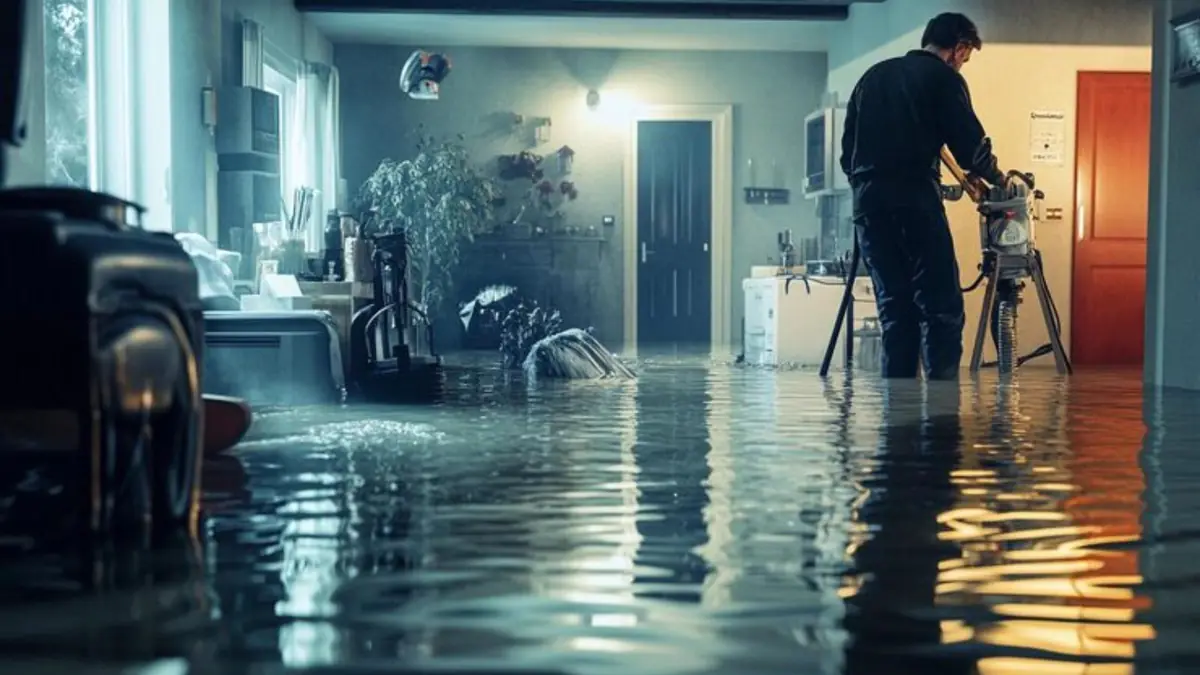 Technician with equipment working in a flooded room
