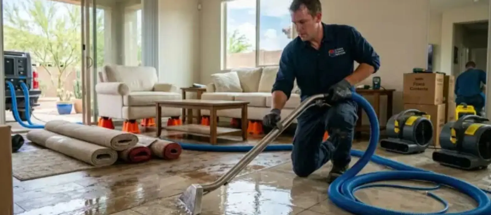 Restoration technician using an extraction hose in a living room with air movers running on the floor